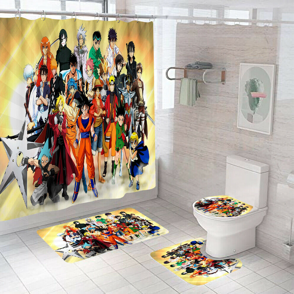 Anime Shower Curtain Bathroom Rug Set Thick Bath Mat Non-Slip Toilet Lid Cover-Shower Curtain+3Pcs Mat-Free Shipping at meselling99