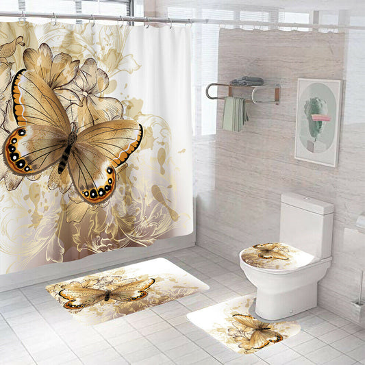 Butterfly Shower Curtain Bathroom Rug Set Bath Mat Non-Slip Toilet Lid Cover--Free Shipping at meselling99