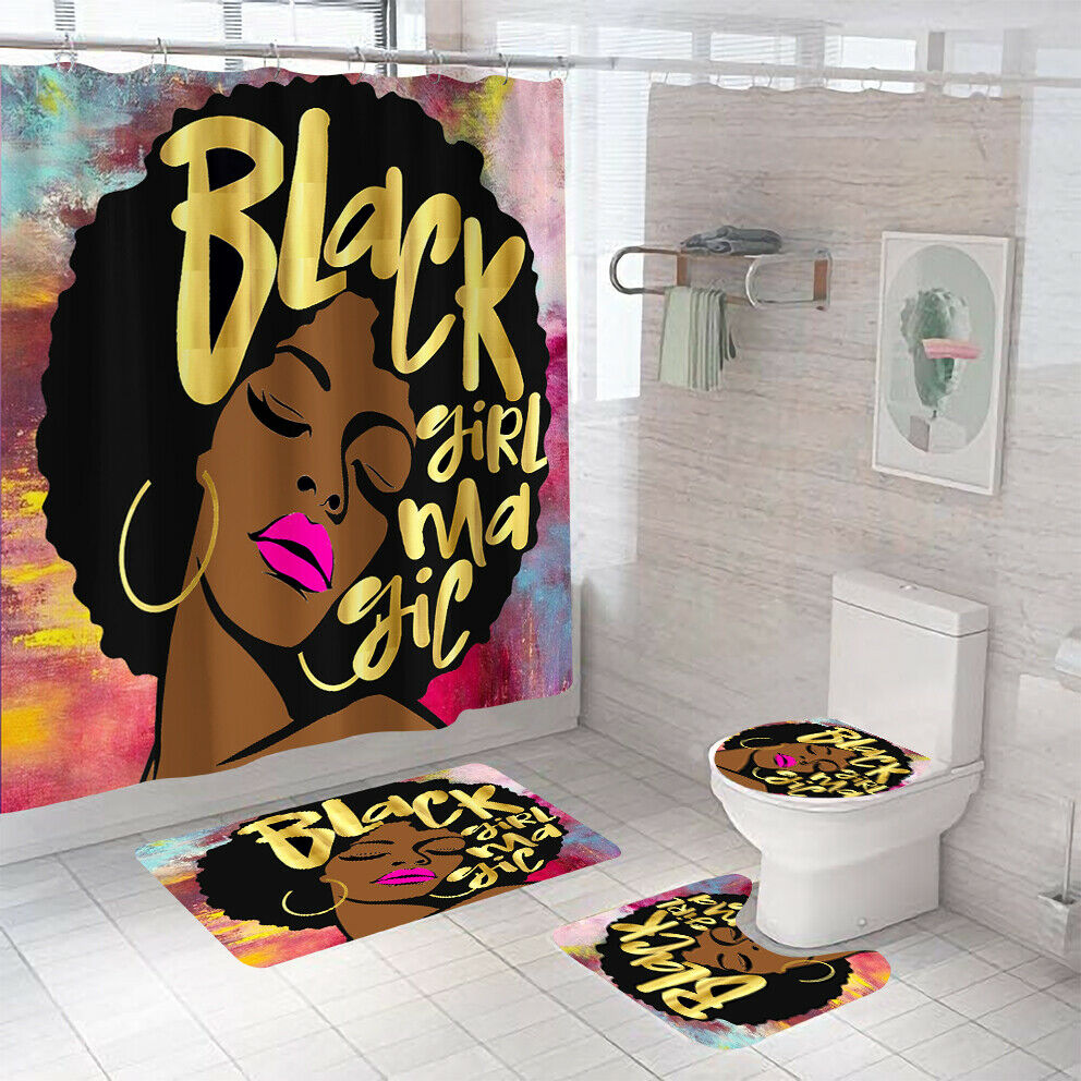 Black Girl Shower Curtain Bathroom Rug Set Bath Mat Non-Slip Toilet Lid Cover-Shower Curtain+3Pcs Mat-Free Shipping at meselling99