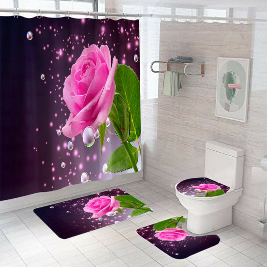 Pink Rose Shower Curtain Bathroom Rug Set Thick Bath Mat Non-Slip Toilet Lid Cover--Free Shipping at meselling99