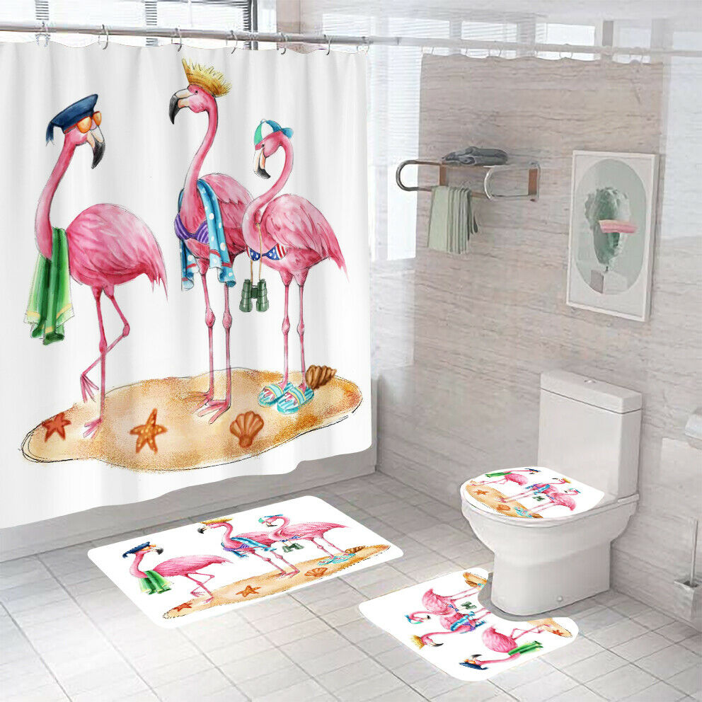 Flamingo Shower Curtain Set Bathroom Rug Bath Mat Soft Non-Slip Toilet Lid Cover-Shower Curtain+3Pcs Mat-Free Shipping at meselling99