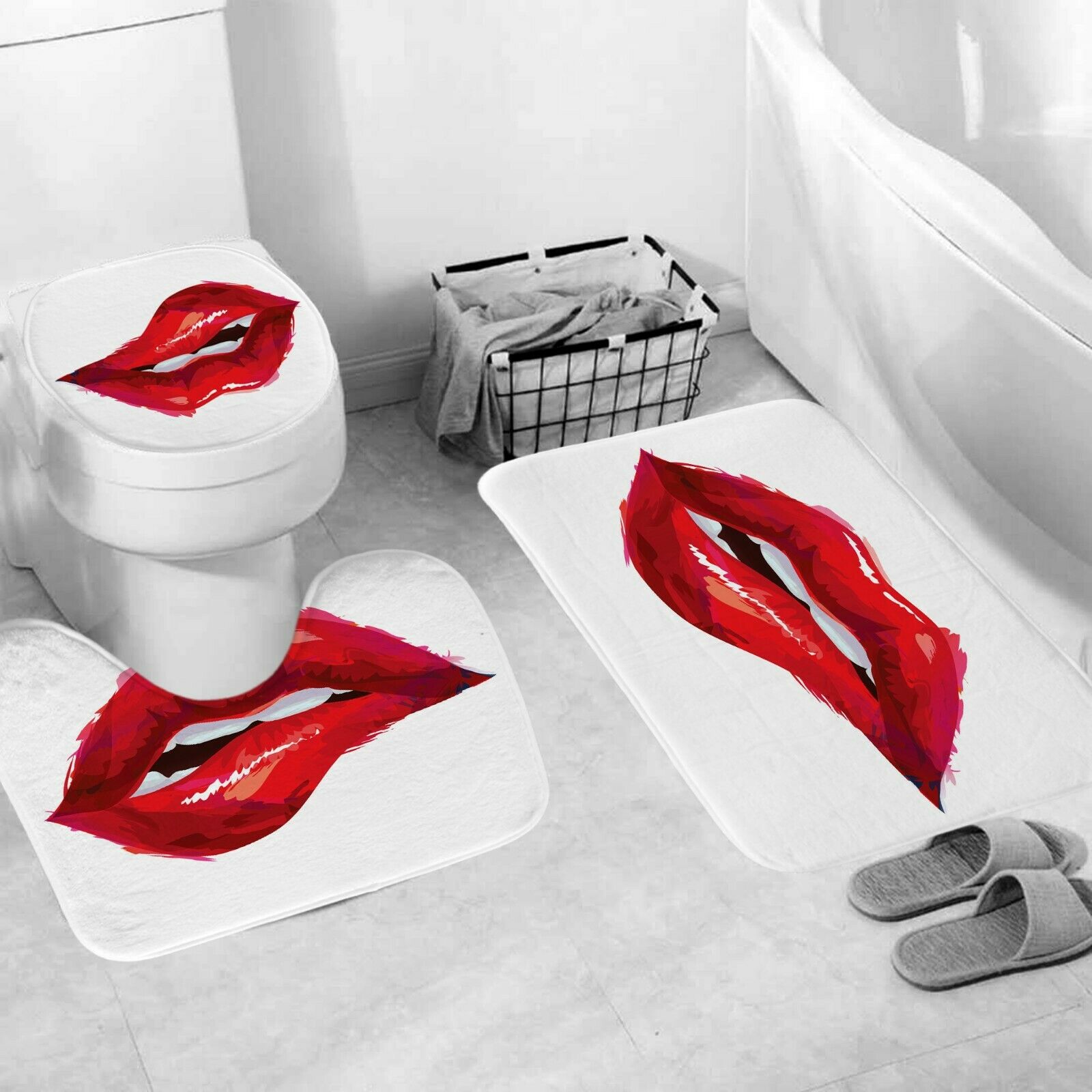 Red Lips Shower Curtain Bathroom Rug Set Bath Mat Non-Slip Toilet Lid Cover--Free Shipping at meselling99