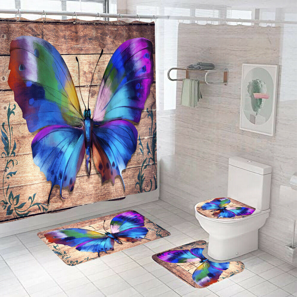 Butterfly Shower Curtain Bathroom Rug Set Bath Mat Non-Slip Toilet Lid Cover-Shower Curtain+3Pcs Mat-Free Shipping at meselling99