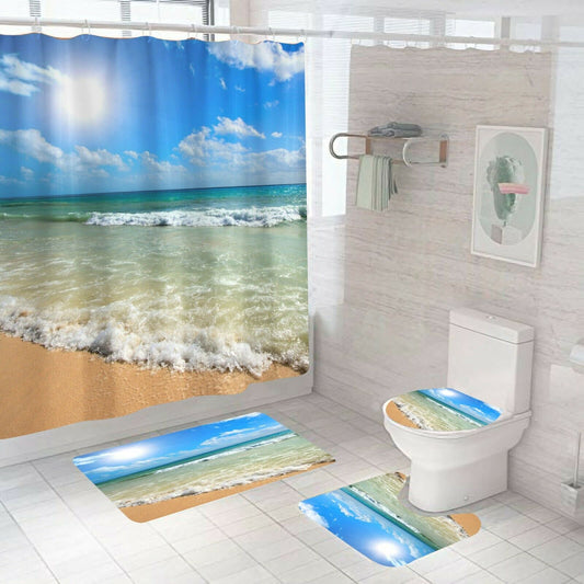 Seaside Bathroom Rug Set Shower Curtain Thick Bath Mat Non-Slip Toilet Lid Cover--Free Shipping at meselling99