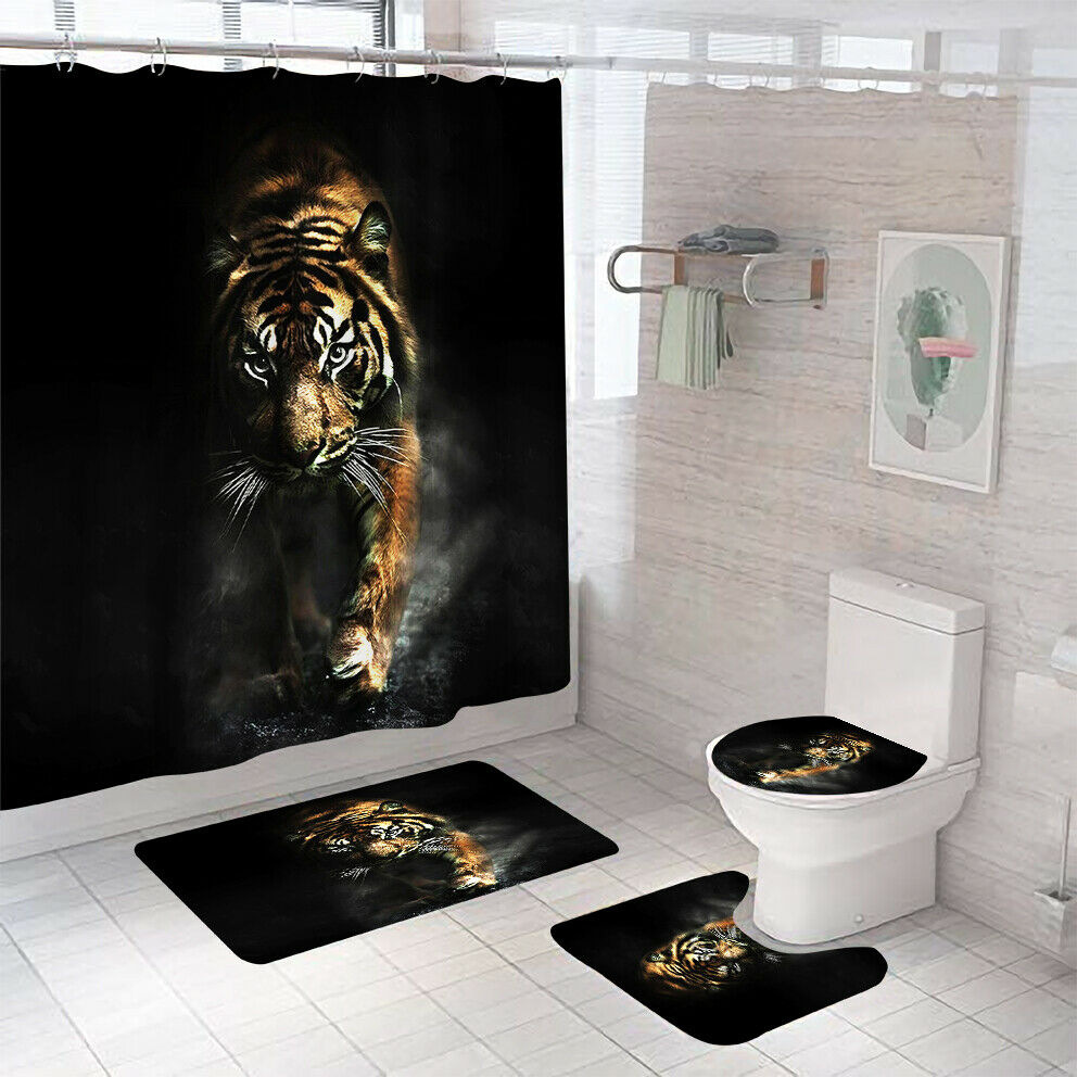 Tiger Shower Curtain Bathroom Rug Set Thick Bath Mat Non-Slip Toilet Lid Cover-Shower Curtain+3Pcs Mat-Free Shipping at meselling99