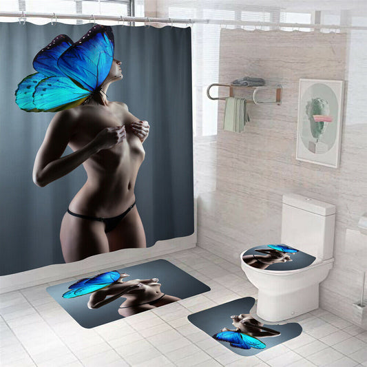 Butterfly Women Bathroom Rug Set Shower Curtain Bath Mat Non-Slip Toilet Lid Cover Pedestal Mat--Free Shipping at meselling99