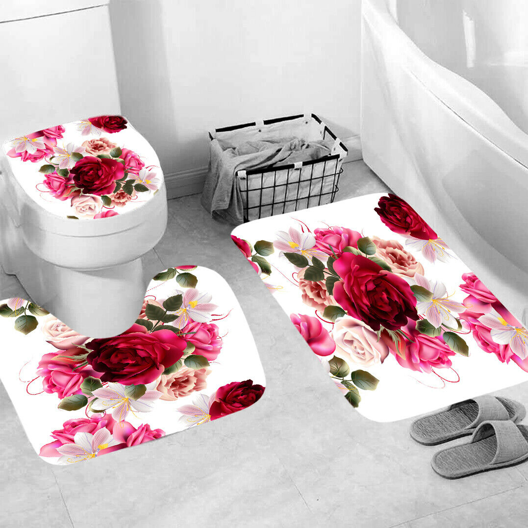 Floral Shower Curtain Bathroom Rug Set Thick Bath Mat Non-Slip Toilet Lid Cover-3Pcs Mat Set Only-Free Shipping at meselling99