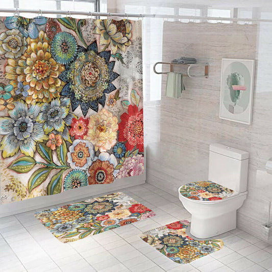 Floral Shower Curtain Bathroom Rug Set Bath Mat Non-Slip Toilet Lid Cover--Free Shipping at meselling99