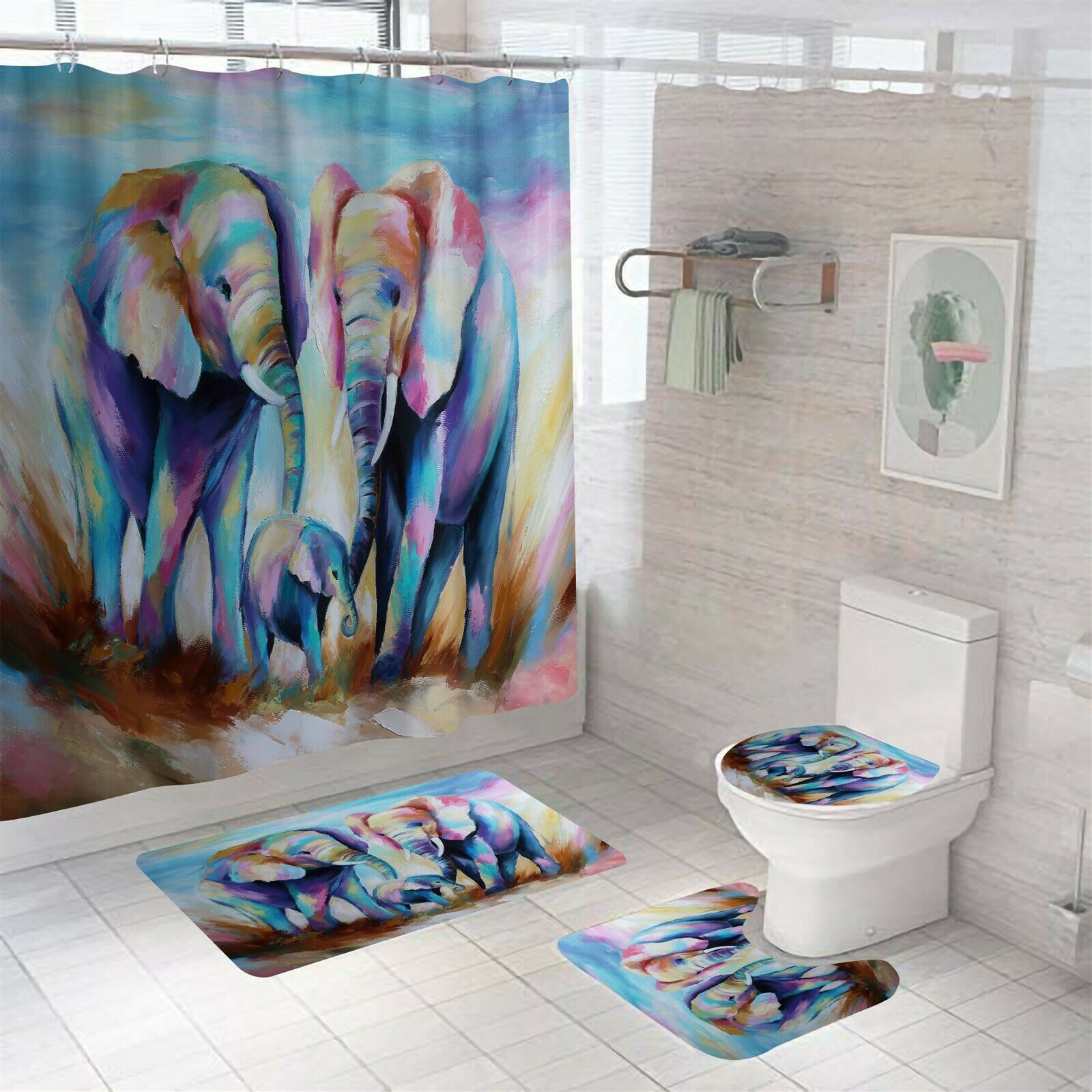 Elephant Family Shower Curtain Bathroom Rug Set Thick Bath Mat Toilet Lid Cover-Shower Curtain+3Pcs Mat-Free Shipping at meselling99