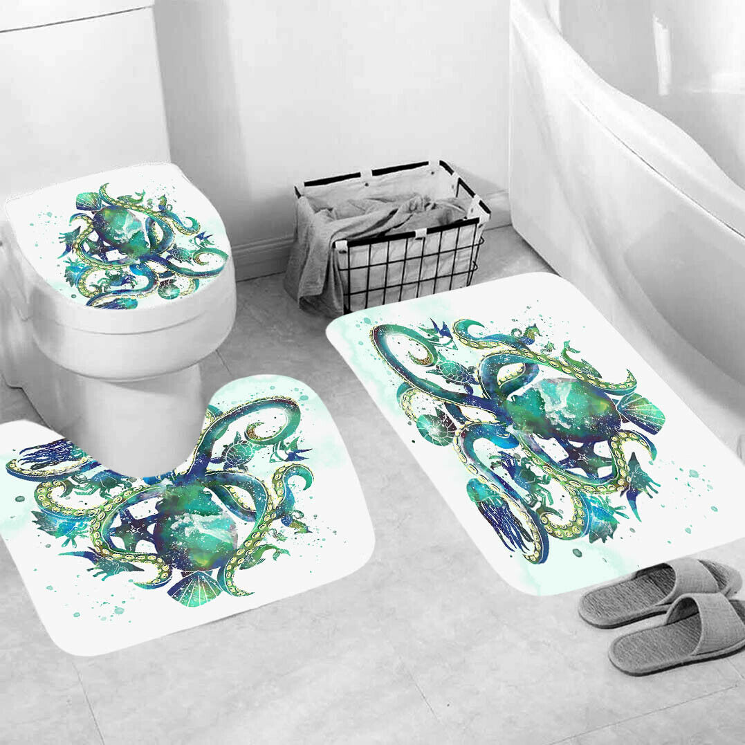 Octopus Shower Curtain Bathroom Rug Set Thick Bath Mat Non-Slip Toilet Lid Cover-3Pcs Mat Set Only-Free Shipping at meselling99