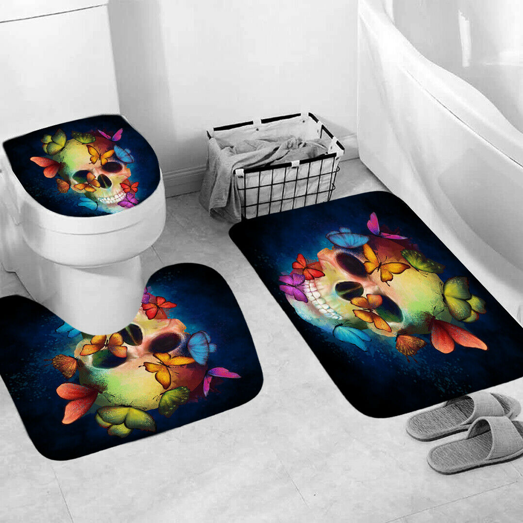 Skull Shower Curtain Set Bathroom Rug Set Bath Mat Non-Slip Toilet Lid Cover--Free Shipping at meselling99