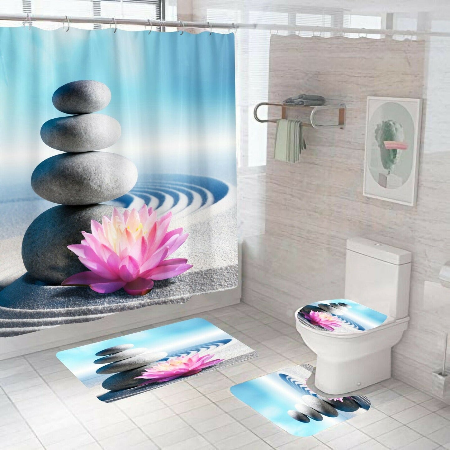 Lotus Stone Shower Curtain Bathroom Rug Set Bath Mat Non-Slip Toilet Lid Cover-Shower Curtain+3Pcs Mat-Free Shipping at meselling99