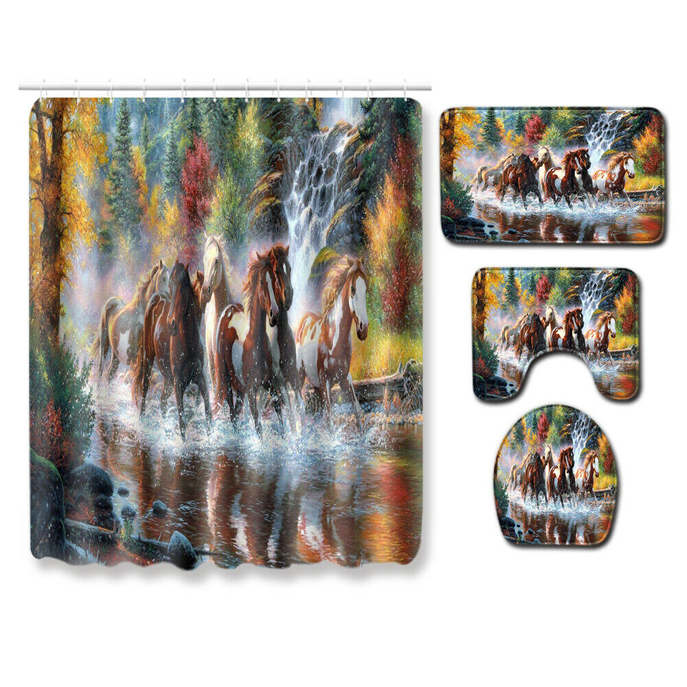 Gallop Horse Shower Curtain Bathroom Rug Set Bath Mat Non-Slip Toilet Lid Cover--Free Shipping at meselling99