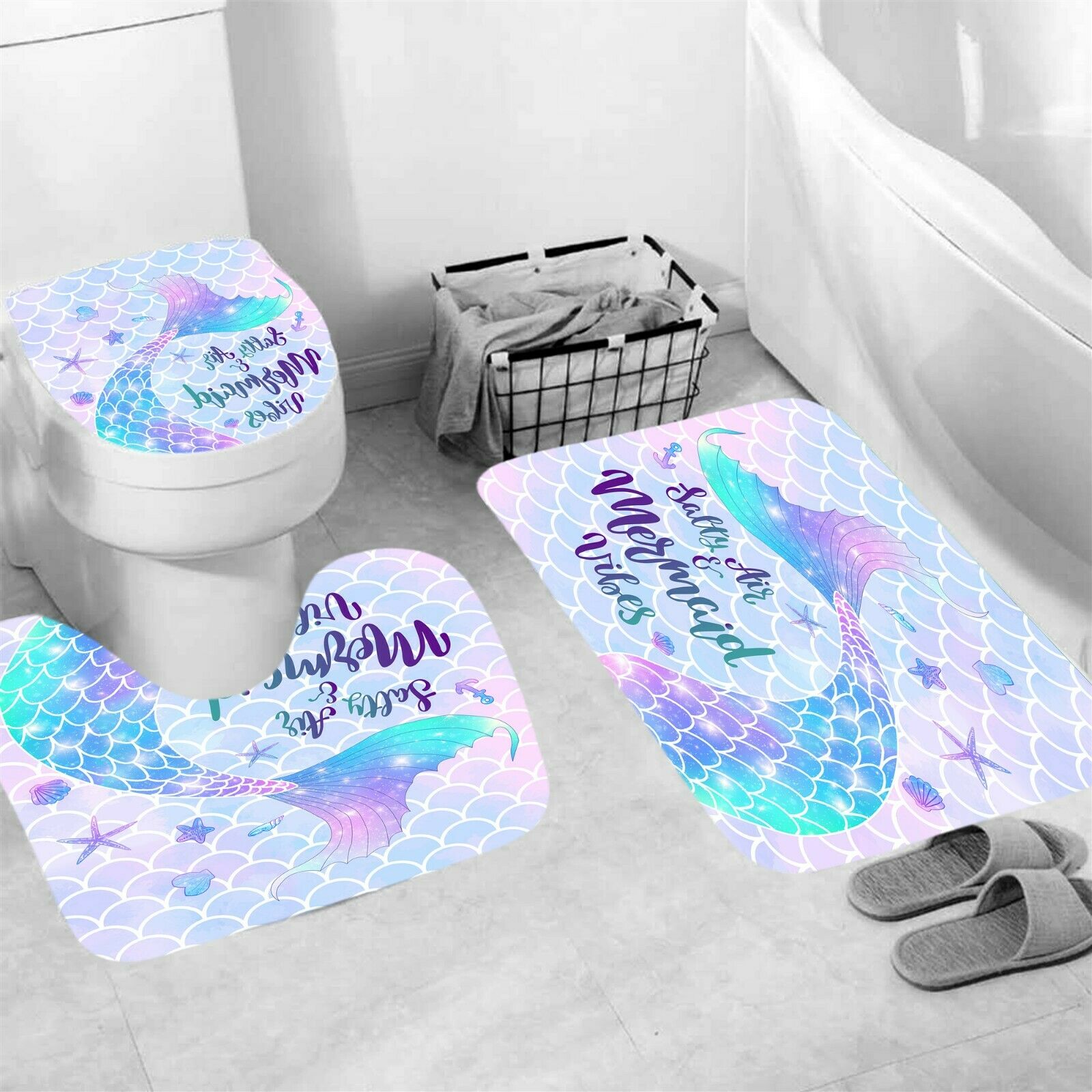 Mermaid Shower Curtain Set Thick Bathroom Rug Bath Mat Non-Slip Toilet Lid Cover-3Pcs Mat Set Only-Free Shipping at meselling99