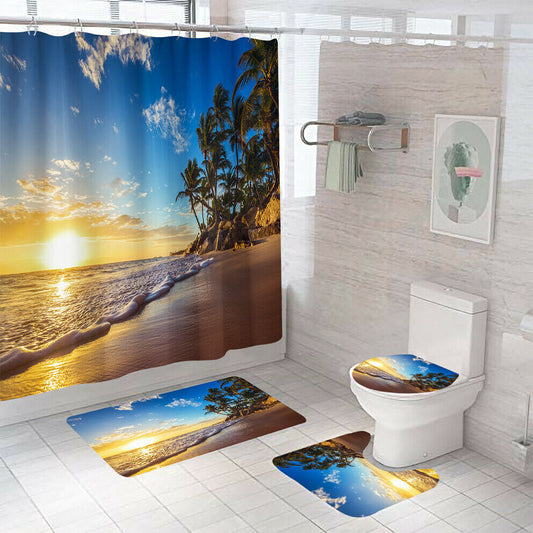 Seaside Shower Curtain Bathroom Rug Set Thick Bath Mat Non-Slip Toilet Lid Cover--Free Shipping at meselling99