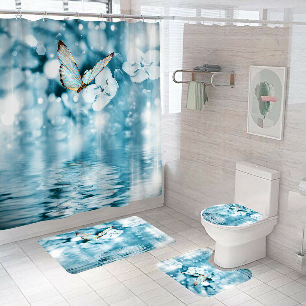 Butterfly Shower Curtain Bathroom Rug Thick Bath Mat Non-Slip Toilet Lid Cover-Shower Curtain+3Pcs Mat-Free Shipping at meselling99