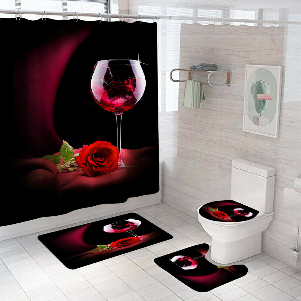Red Rose Shower Curtain Bathroom Rug Set Bath Mat Non-Slip Toilet Lid Cover-Shower Curtain+3Pcs Mat-Free Shipping at meselling99