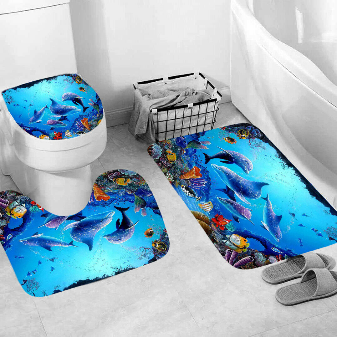 Dolphin Shower Curtain Bathroom Rug Set Bath Mat Non-Slip Toilet Lid Cover--Free Shipping at meselling99