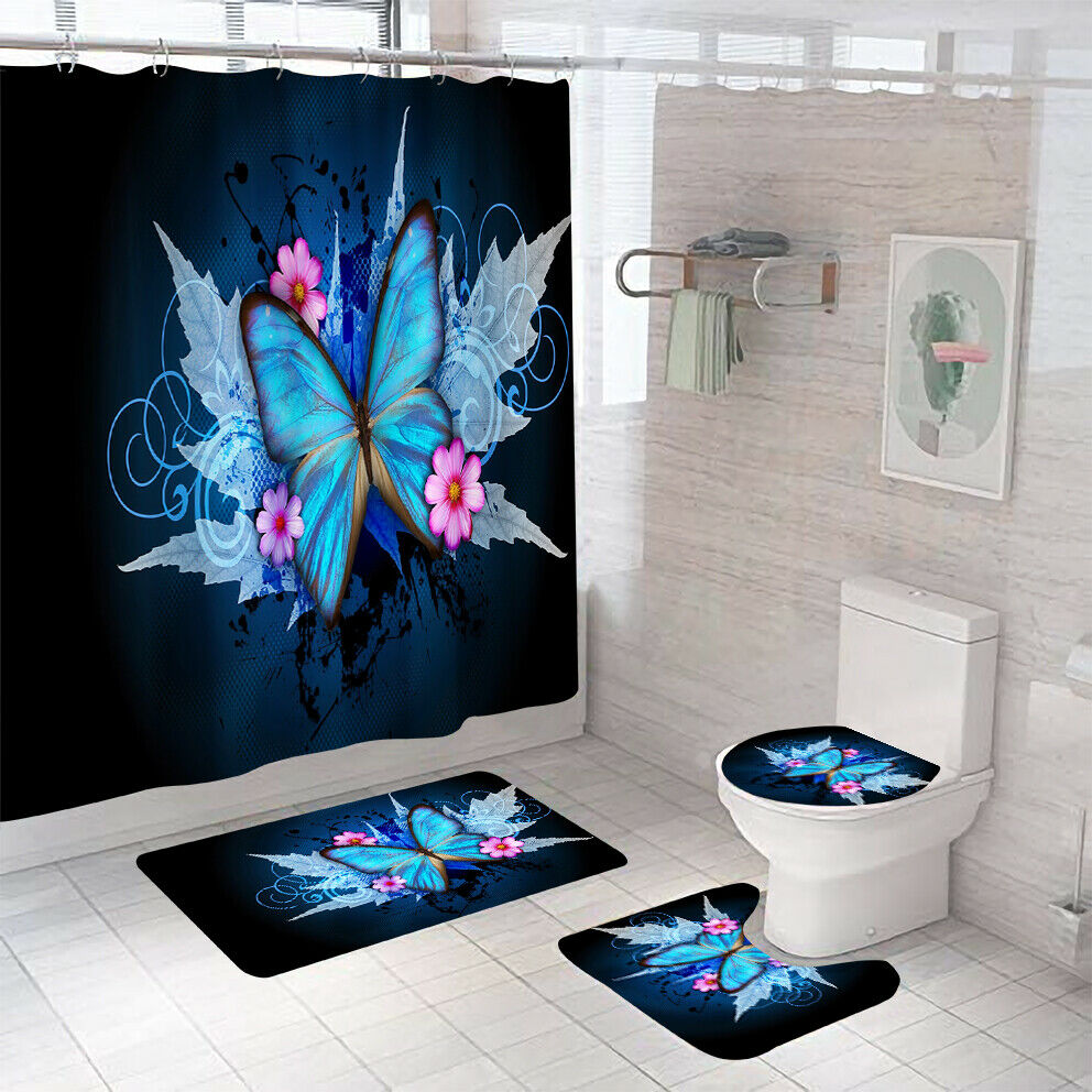 Butterfly Shower Curtain Bathroom Rugs Thick Bath Mat Non-Slip Toilet Lid Cover-Shower Curtain+3Pcs Mat-Free Shipping at meselling99
