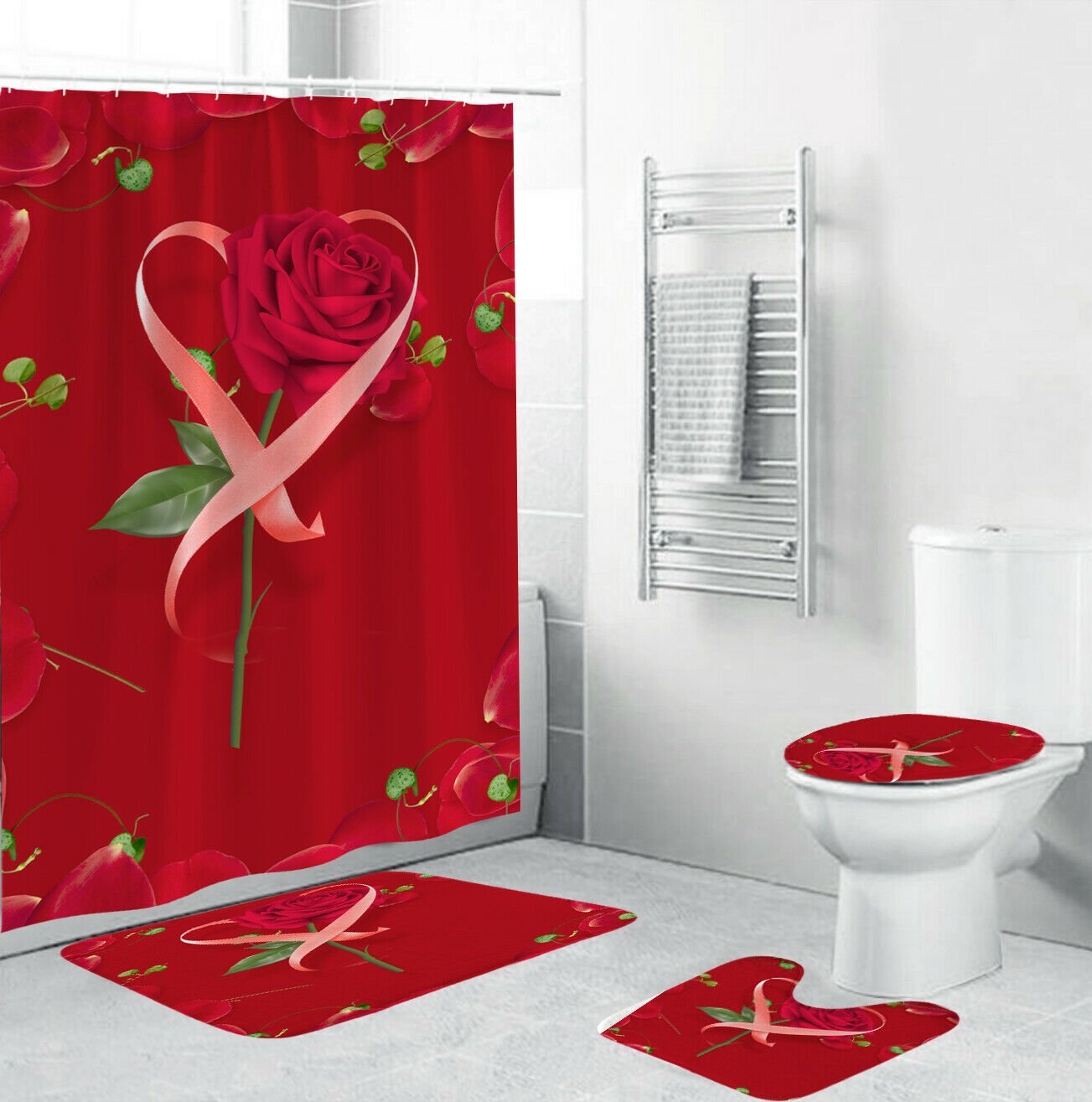 Rose Shower Curtain Bathroom Rug Set Thick Bath Mat Non-Slip Toilet Lid Cover-4Pcs(180*180cm Curtain+3Pcs Mat)-Free Shipping at meselling99