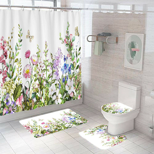 Floral Shower Curtain Bathroom Rug Set Thick Bath Mat Non-Slip Toilet Lid Cover--Free Shipping at meselling99