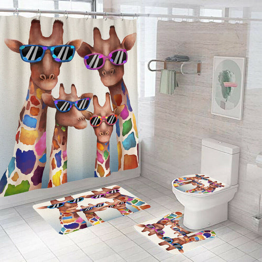 Cool Giraffe Shower Curtain Bathroom Rug Set Bath Mat Non-Slip Toilet Lid Cover--Free Shipping at meselling99