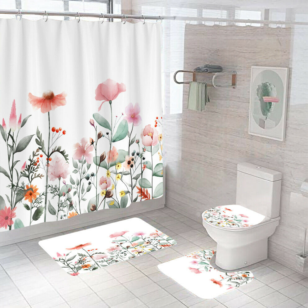 Floral Shower Curtain Bathroom Rug Set Thick Bath Mat Non-Slip Toilet Lid Cover-Shower Curtain+3Pcs Mat-Free Shipping at meselling99