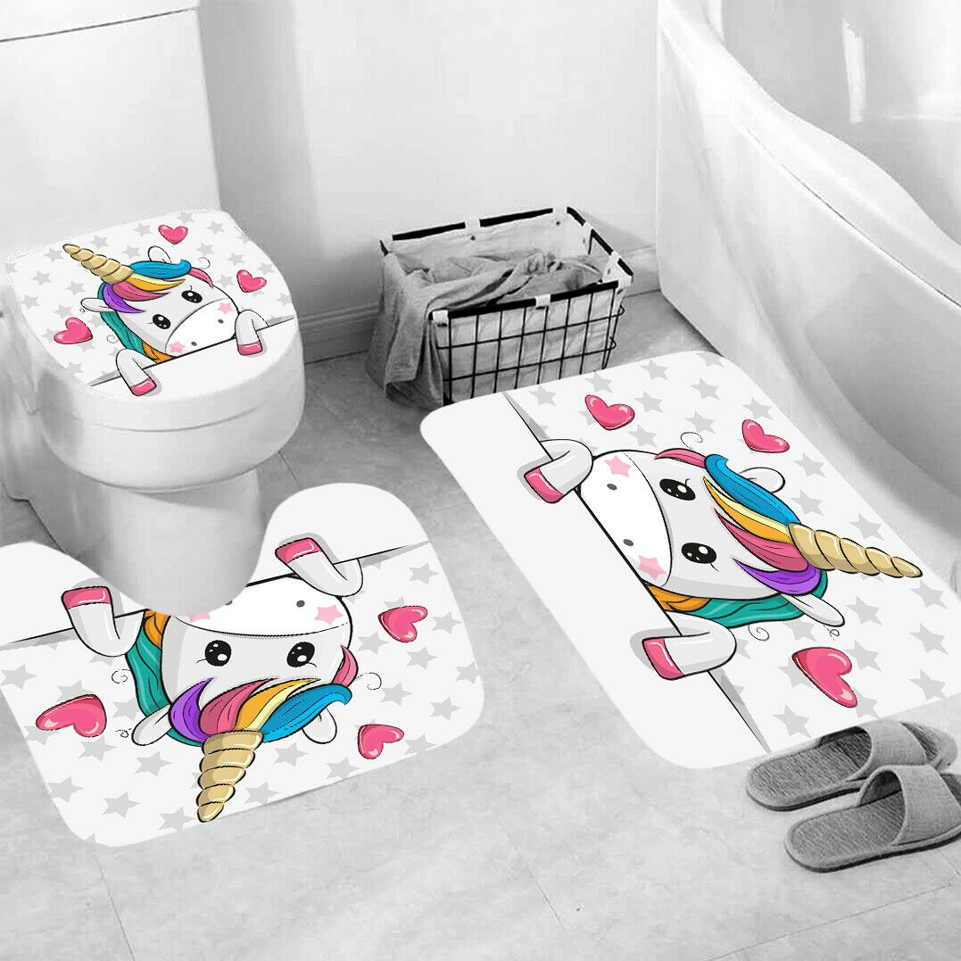 Unicorn Shower Curtain Bathroom Rug Set Thick Bath Mat Non-Slip Toilet Lid Cover--Free Shipping at meselling99