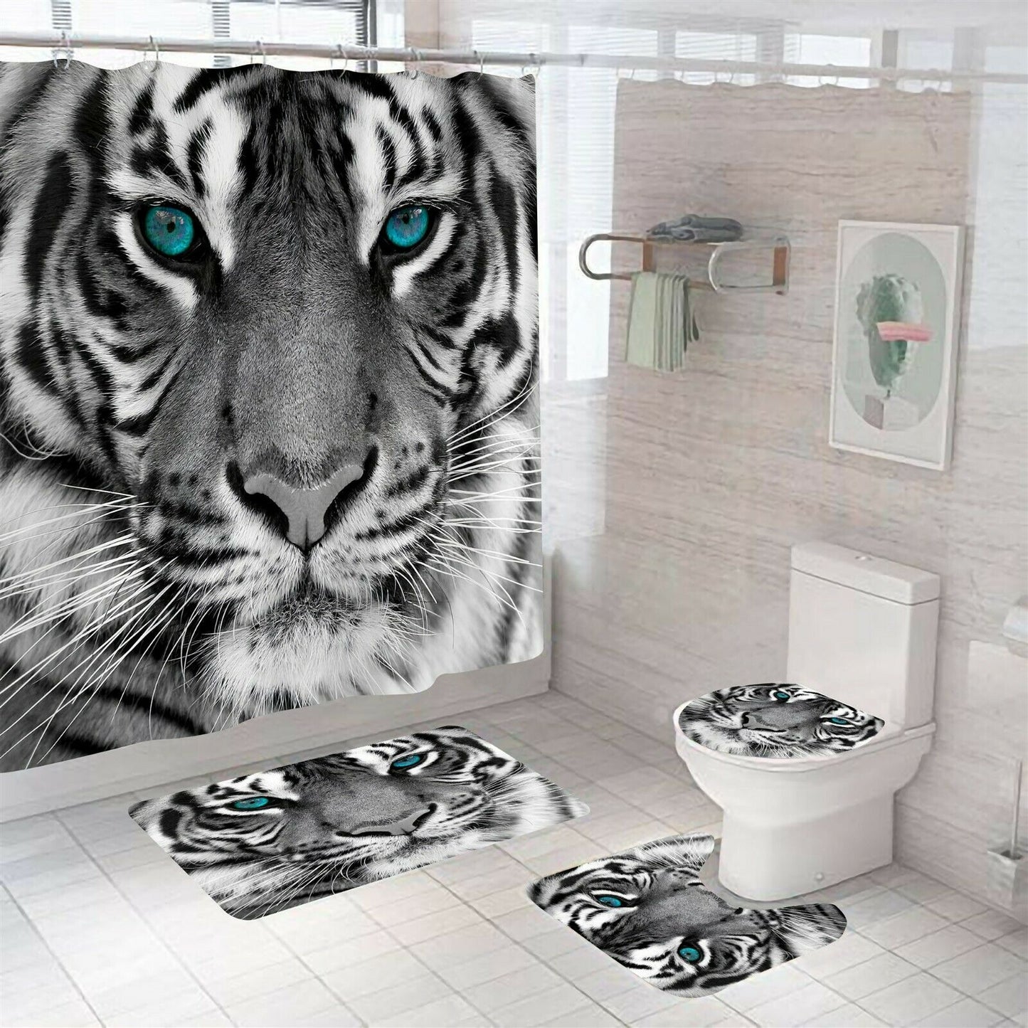 Tiger Shower Curtain Set Thick Bathroom Rugs Bath Mat Non-Slip Toilet Lid Cover-Shower Curtain+3Pcs Mat-Free Shipping at meselling99
