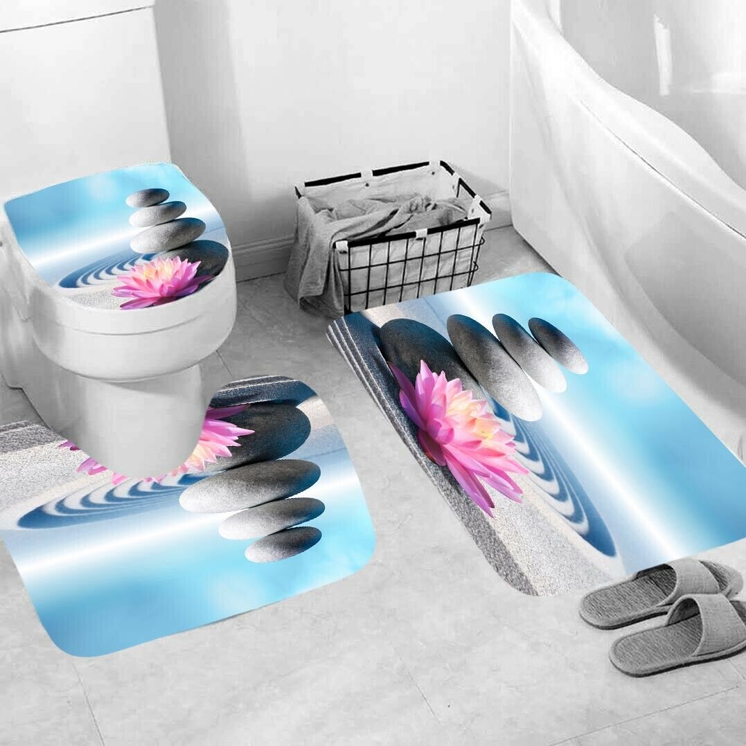 Lotus Stone Shower Curtain Bathroom Rug Set Bath Mat Non-Slip Toilet Lid Cover-3Pcs Mat Set Only-Free Shipping at meselling99
