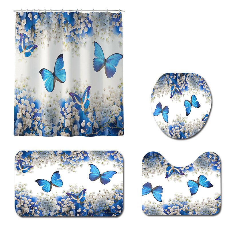 Butterfly Bathroom Rug Set Shower Curtain Bath Mat Non-Slip Toilet Lid Cover--Free Shipping at meselling99