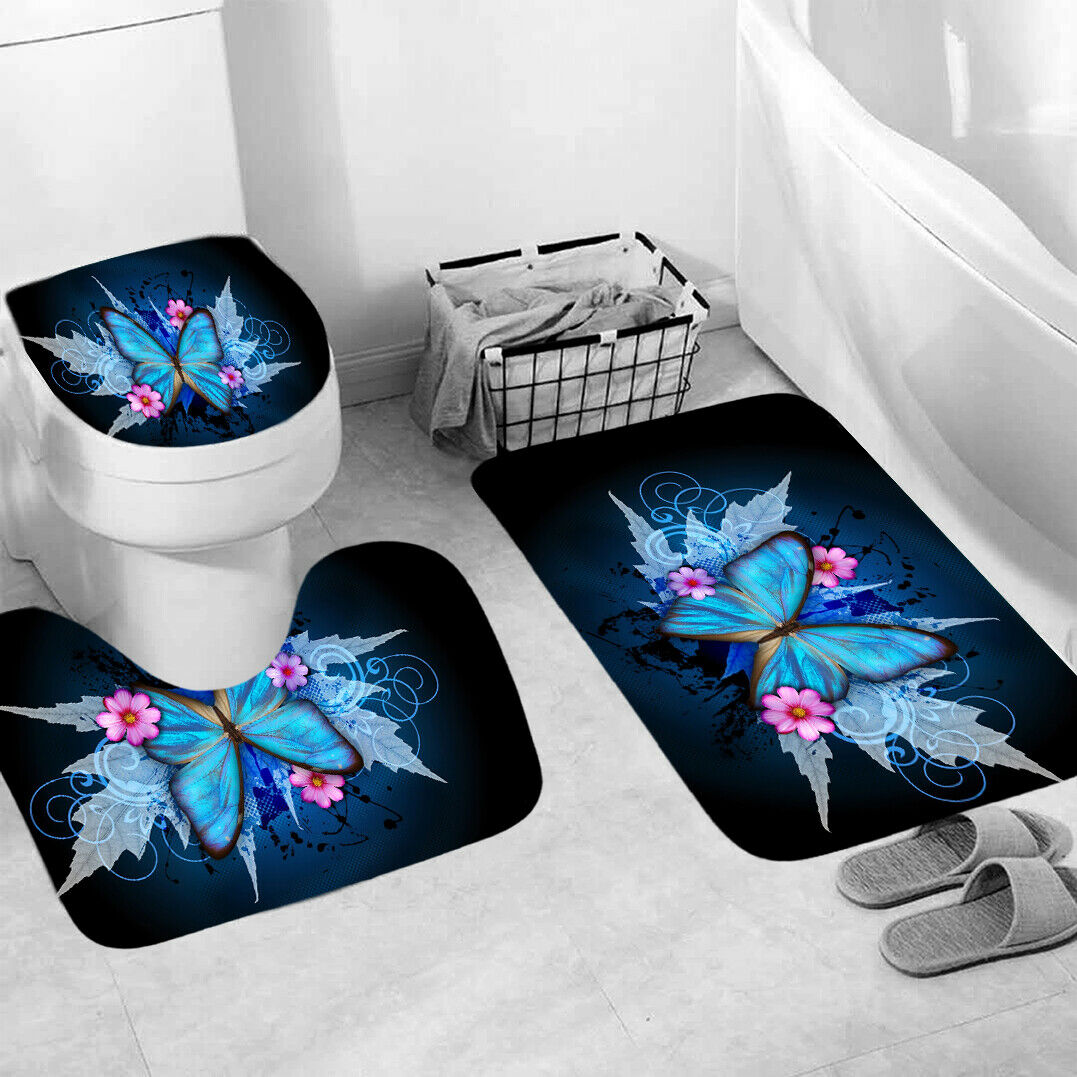 Butterfly Shower Curtain Bathroom Rugs Thick Bath Mat Non-Slip Toilet Lid Cover-3Pcs Mat Set Only-Free Shipping at meselling99