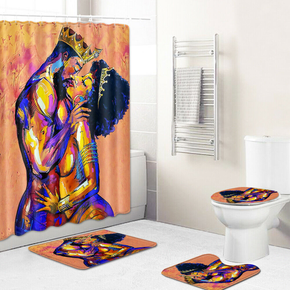King Queen Shower Curtain Bathroom Rug set Bath Mat Non-Slip Toilet Lid Cover-Shower Curtain+3Pcs Mat-Free Shipping at meselling99