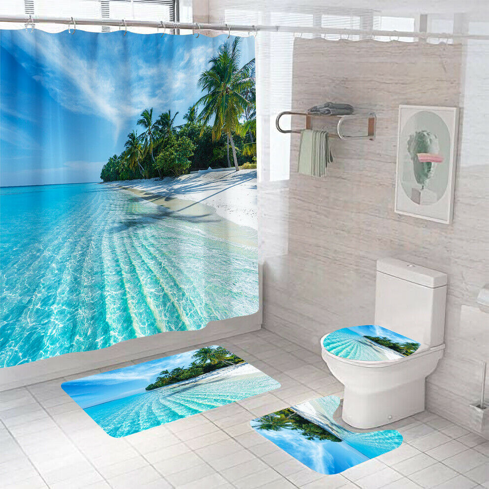 Beachside Shower Curtain Bathroom Rug Set Bath Mat Non-Slip Toilet Lid Cover-Shower Curtain+3Pcs Mat-Free Shipping at meselling99