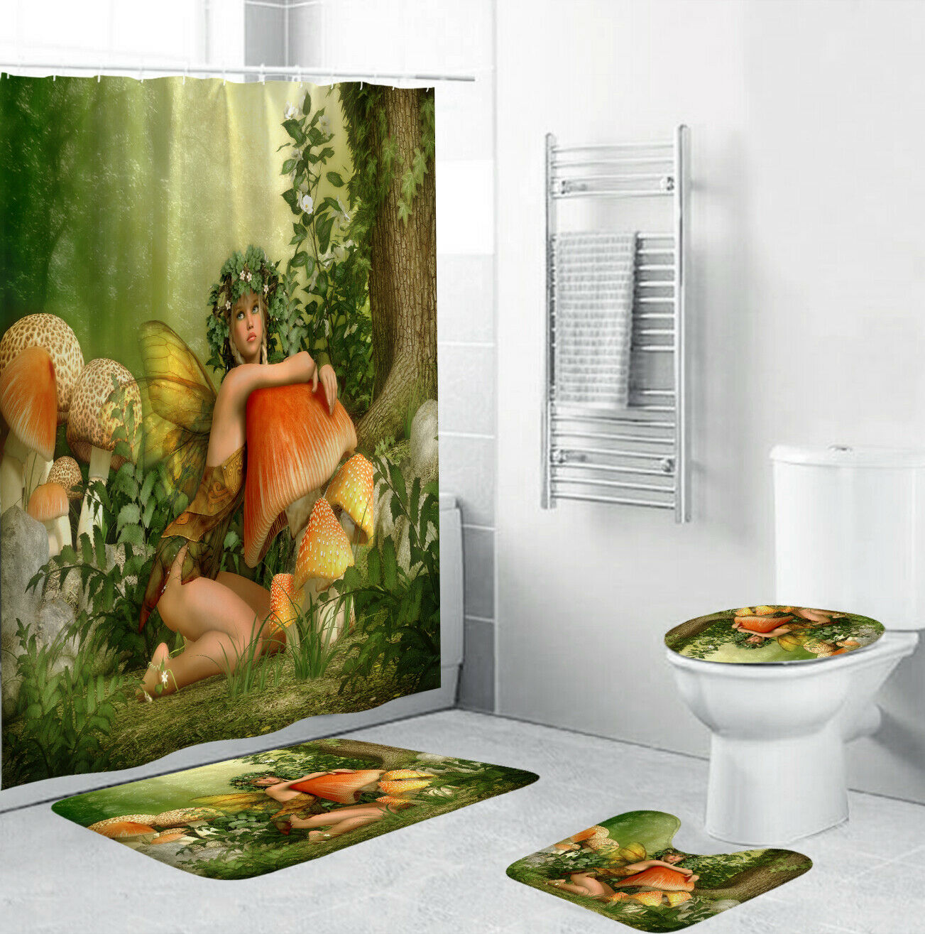 Fairy Shower Curtain Bathroom Rug Set Thick Bath Mat Non-Slip Toilet Lid Cover-4Pcs(180*180cm Curtain+3Pcs Mat)-Free Shipping at meselling99