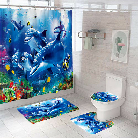 Dolphins Shower Curtain Bathroom Rug Set Bath Mat Non-Slip Toilet Lid Cover--Free Shipping at meselling99