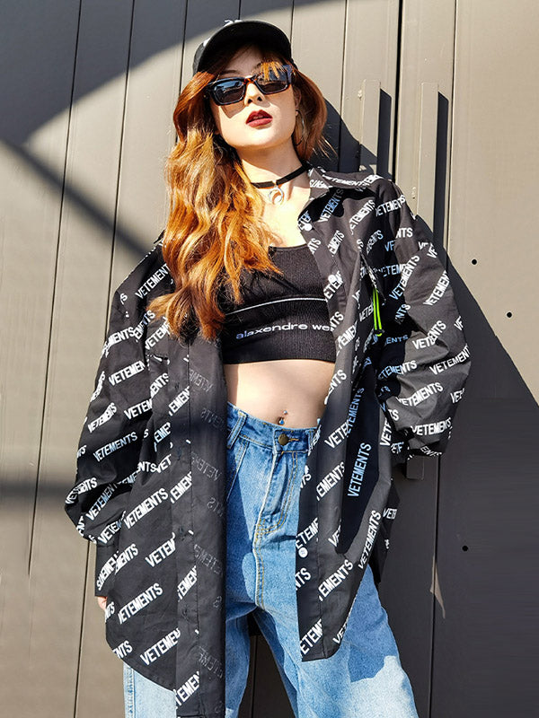 New Arrival Black Hip-Hop Letter Print Loose Long Sleeve Blouse-One Size-The same as picture-Free Shipping at meselling99