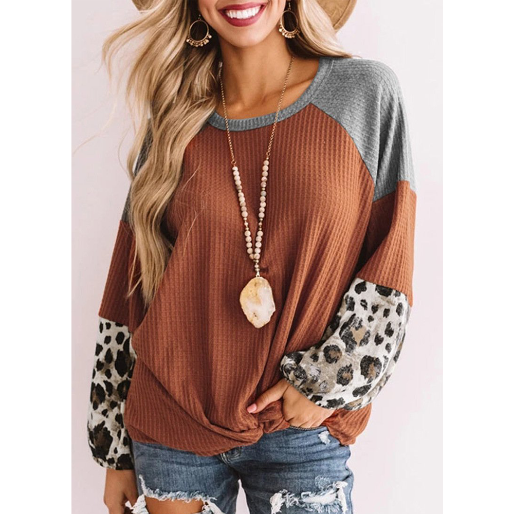 Casual Women Leopard Knitting Long Sleeves T Shirts-Women Sweaters-Orange-S-Free Shipping at meselling99