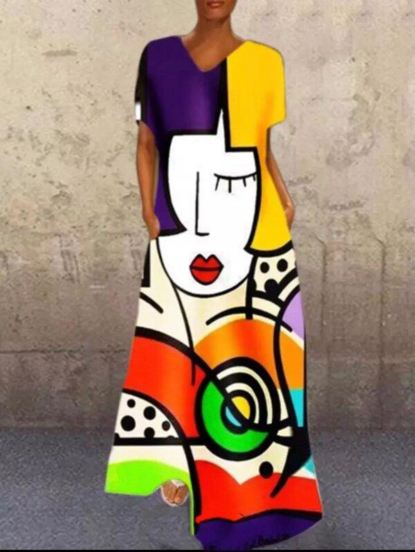 Funny Abstract Face Print Colorful Short Sleeve Bohemia Maxi Dress-Maxi Dresses-YELLOW-S-Free Shipping at meselling99